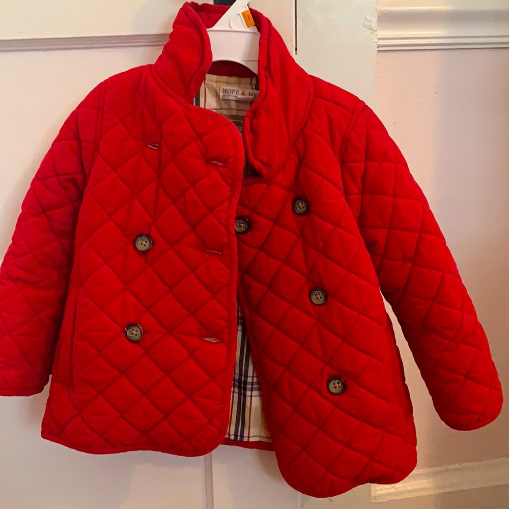 Red quilted button-up winter coat